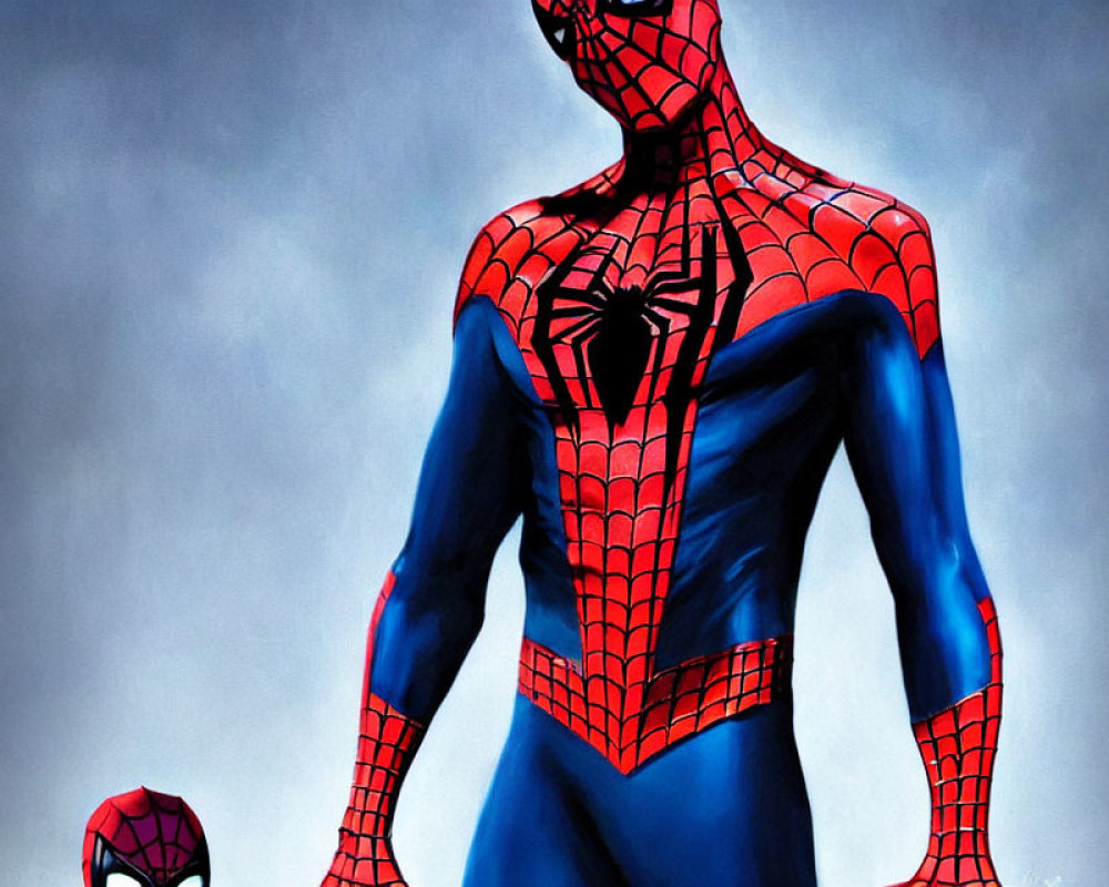 Person in Spider-Man Costume Holds Mask Against Dull Background