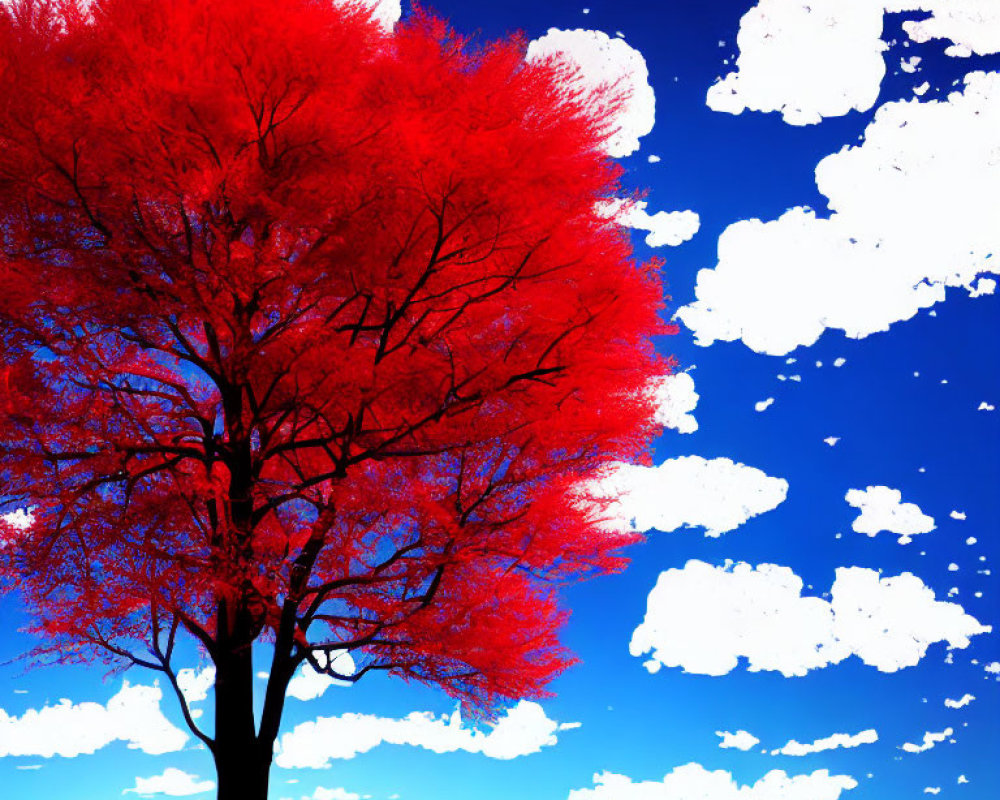 Vibrant red tree against deep blue sky with fluffy white clouds