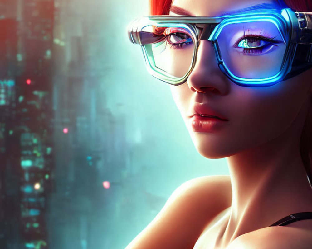 Digital artwork: Red-haired woman in blue glasses with blurred cityscape.