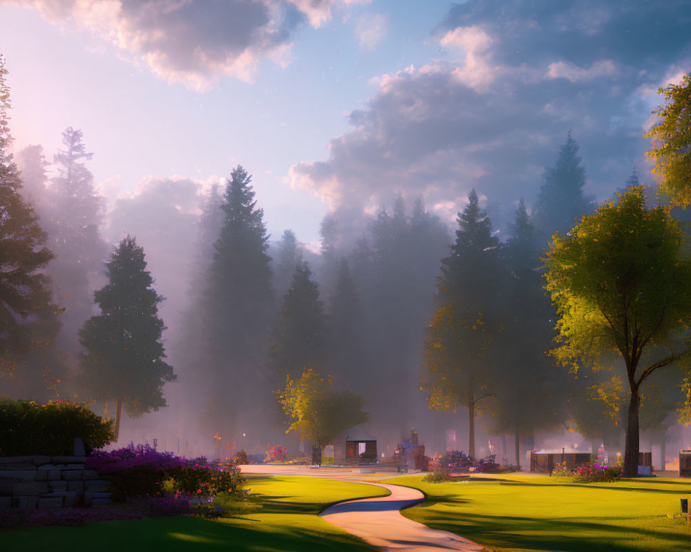Tranquil Sunrise Scene in a Park with Winding Path and Misty Trees