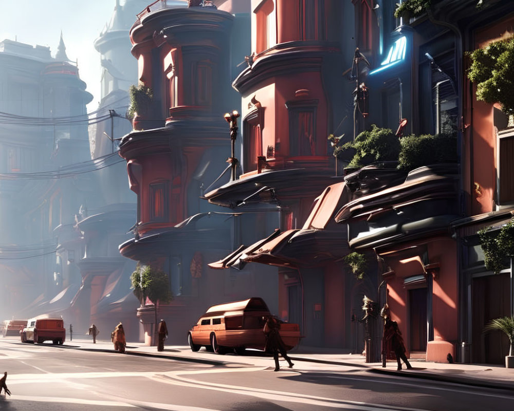 Futuristic cityscape with terracotta buildings, sleek vehicles, and pedestrians on a sunlit