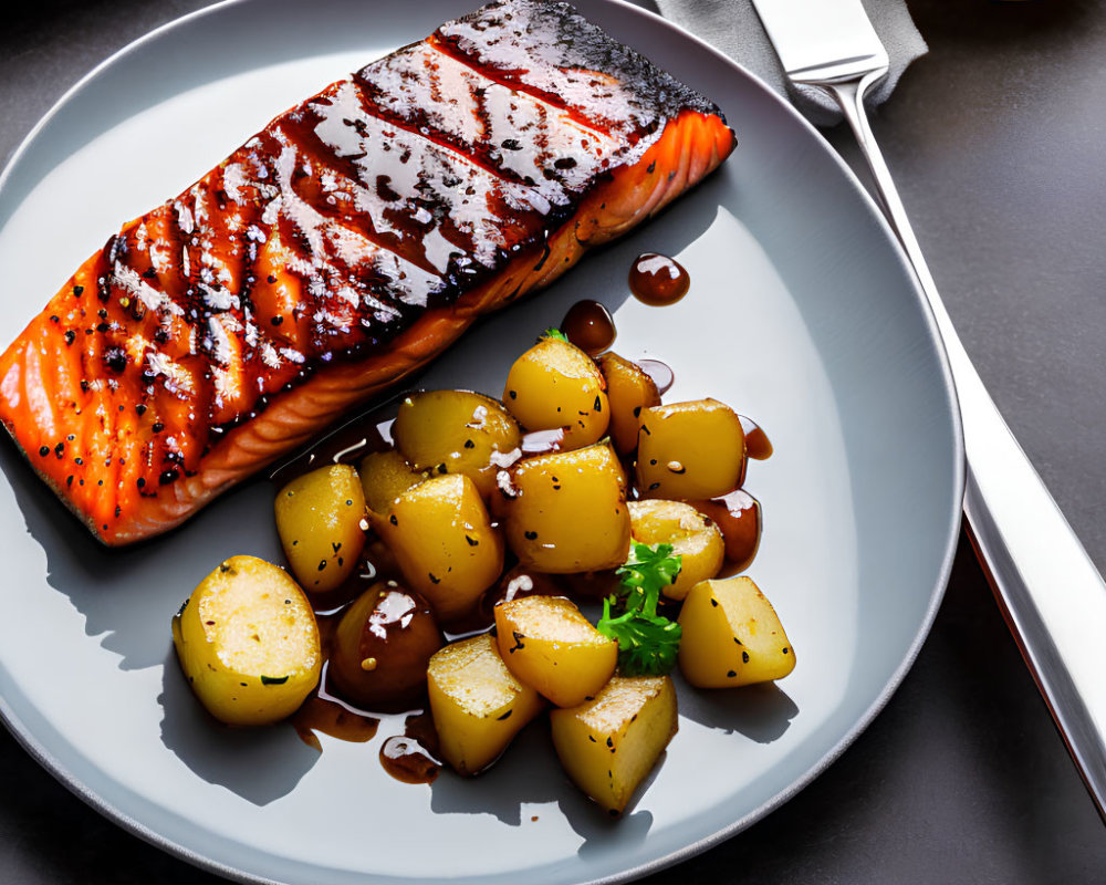 Grilled Salmon Fillet with Glaze and Herb-seasoned Baby Potatoes Plate
