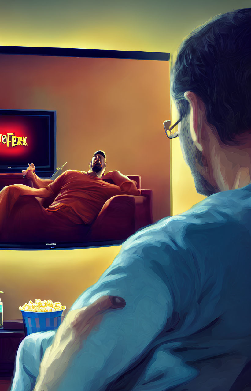 Person on Couch Watching TV with Popcorn Bowl in Foreground