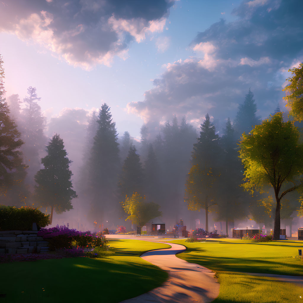 Tranquil Sunrise Scene in a Park with Winding Path and Misty Trees