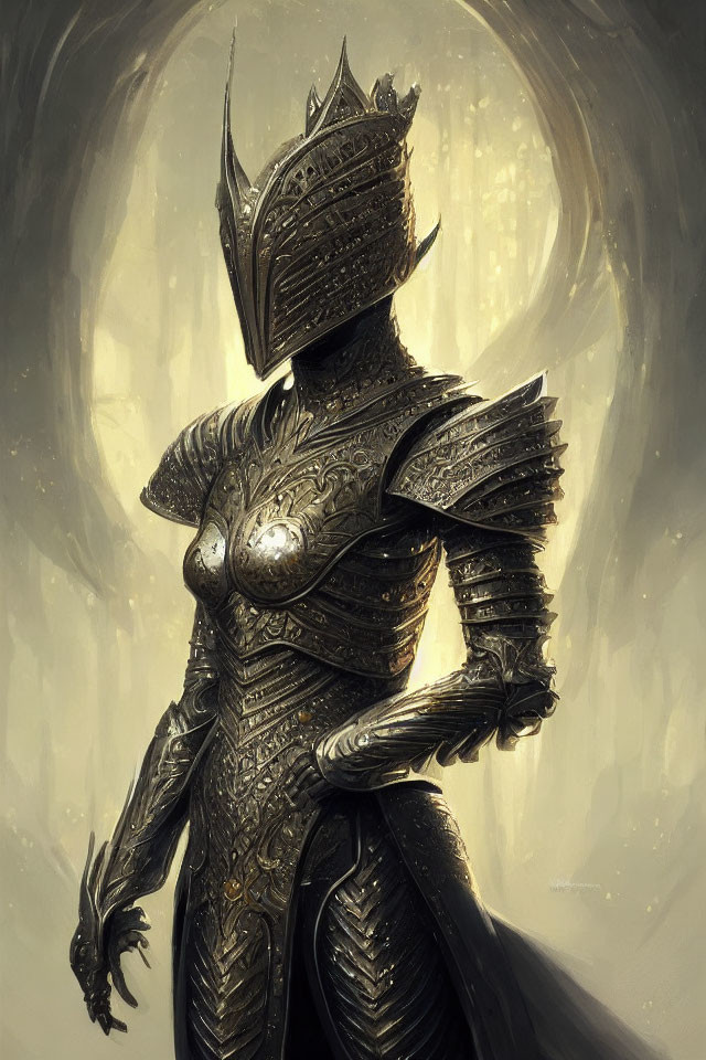 Regal figure in ornate metallic armor on soft backdrop