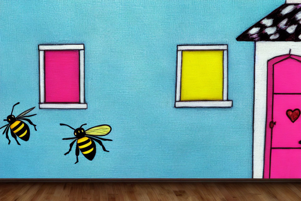Colorful House with Pink Door and Yellow Window on Blue Textured Background with Cartoon Bees
