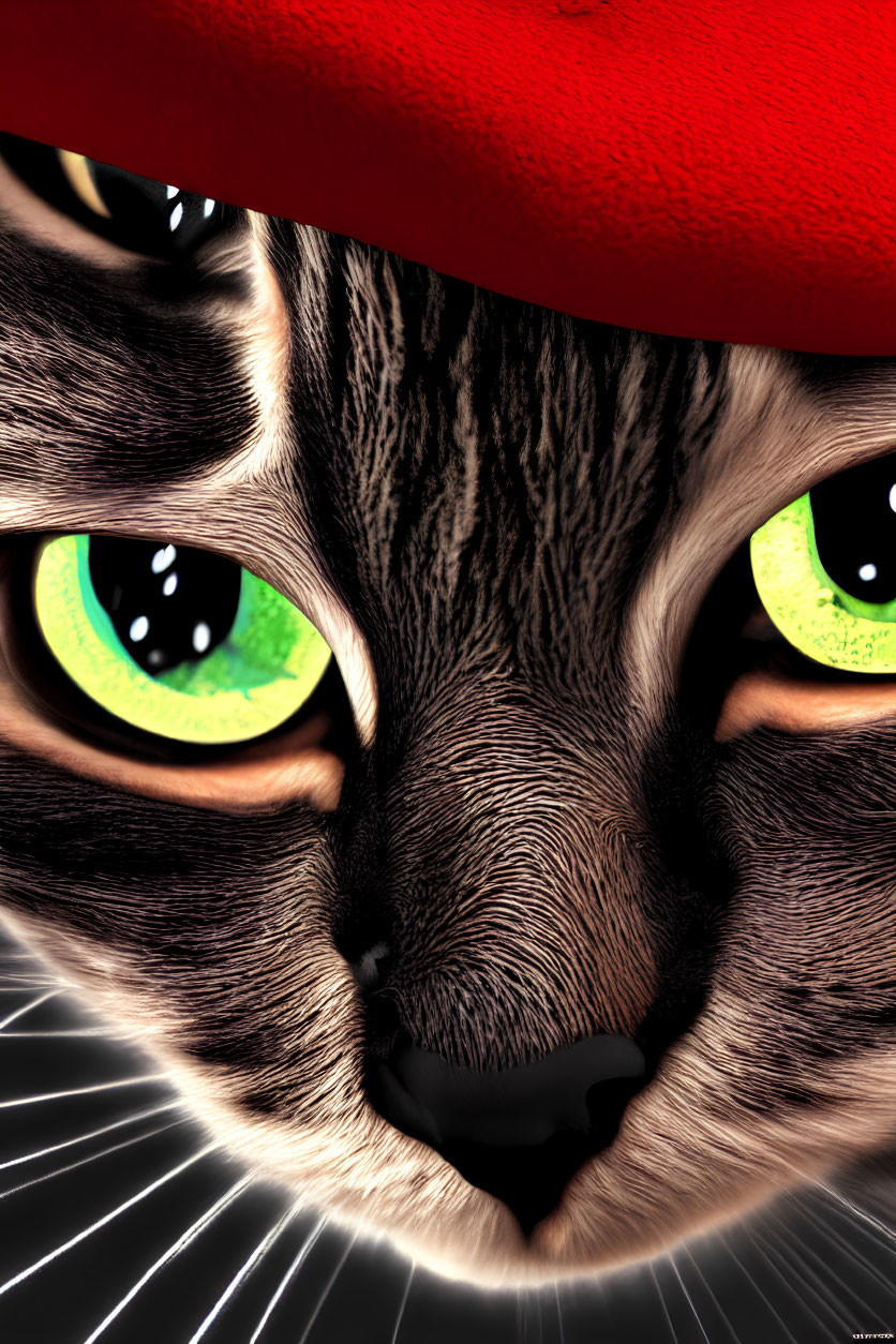 Cat with Green Eyes and Red Beret in Close-up Shot