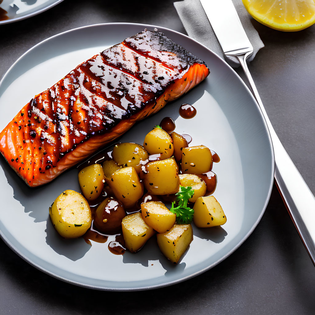 Grilled Salmon Fillet with Glaze and Herb-seasoned Baby Potatoes Plate