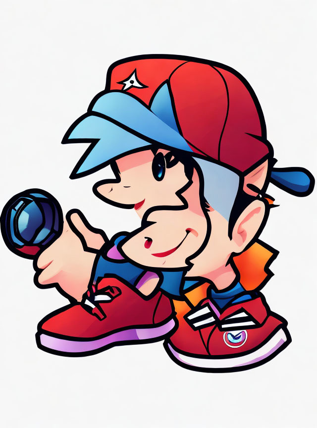 Animated character in red cap and jacket with blue star, holding magnifying glass and giving thumbs-up