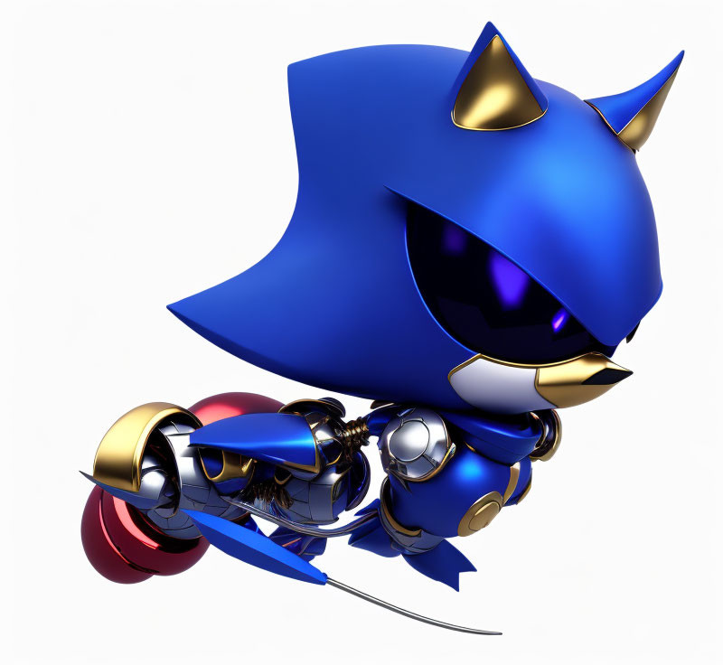 Stylized metallic blue figure in action pose with large eyes and spikes