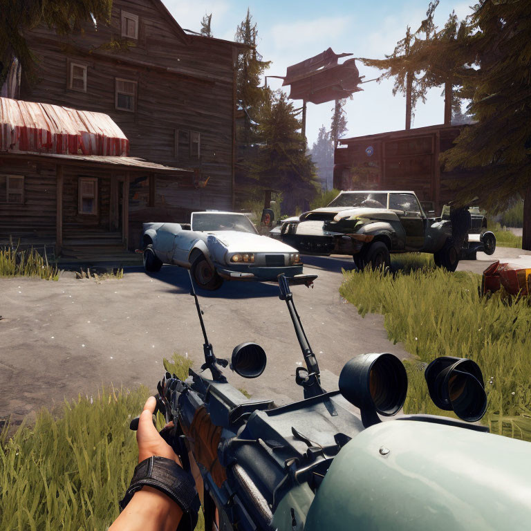 Armed individual in rural setting with abandoned cars and rustic buildings
