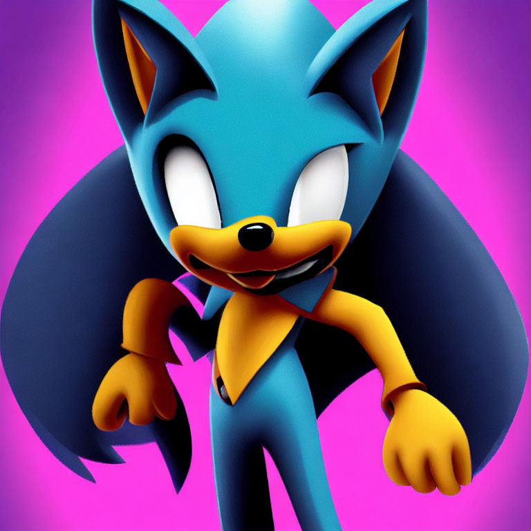 Stylized blue hedgehog character with oversized hands and cheeky expression
