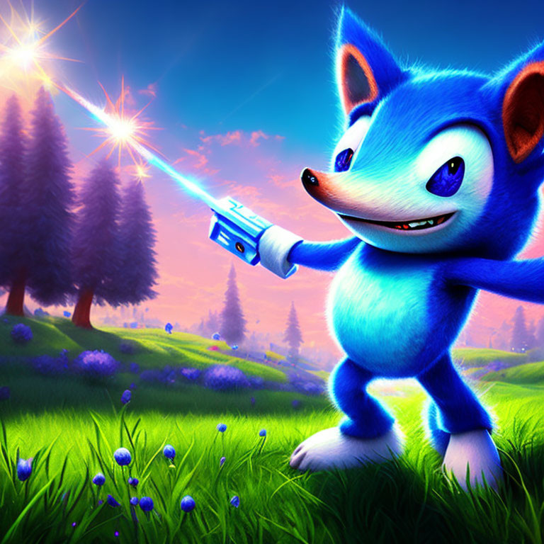 Stylized Sonic the Hedgehog with blue ray gun in vibrant landscape