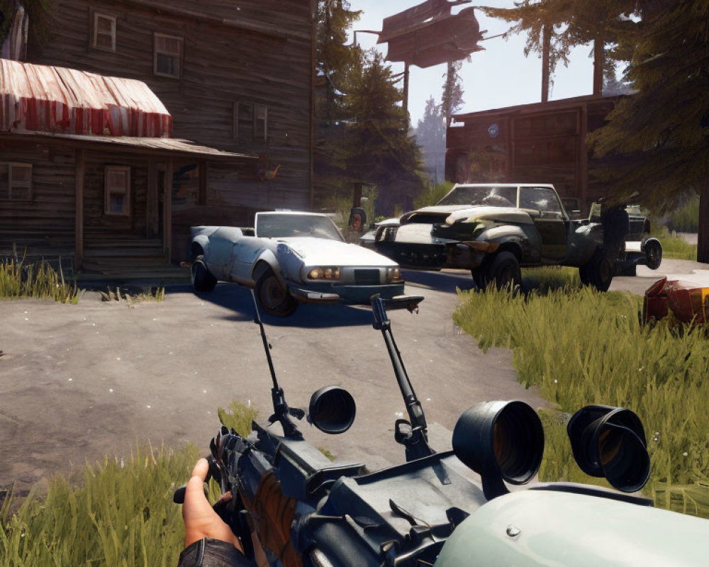 Armed individual in rural setting with abandoned cars and rustic buildings