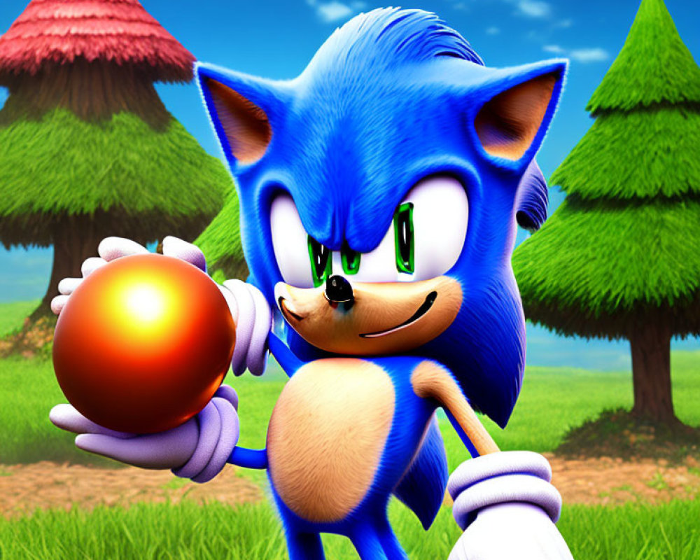 Blue animated hedgehog holding red sphere in grassy area.