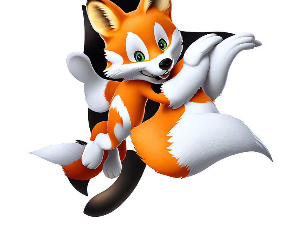 Orange and White Fox Character Leaping with Green Eyes
