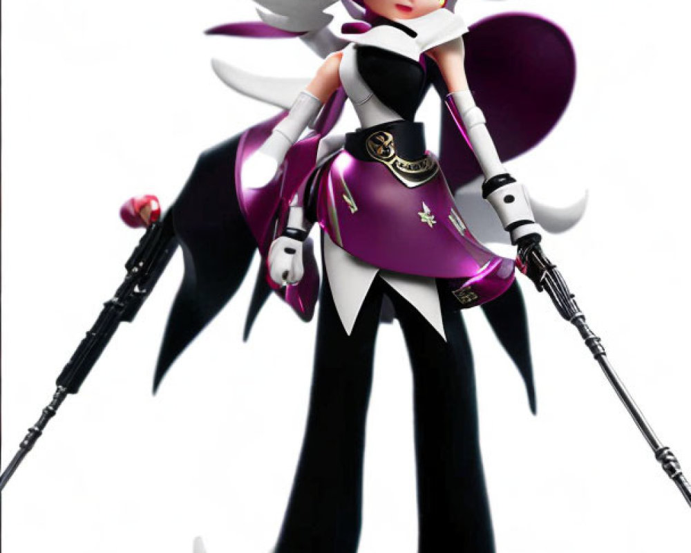 White-haired animated character with twin tails, magic staff, black and purple outfit.