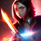 Animated character with black hair and red eyes holding a glowing sword