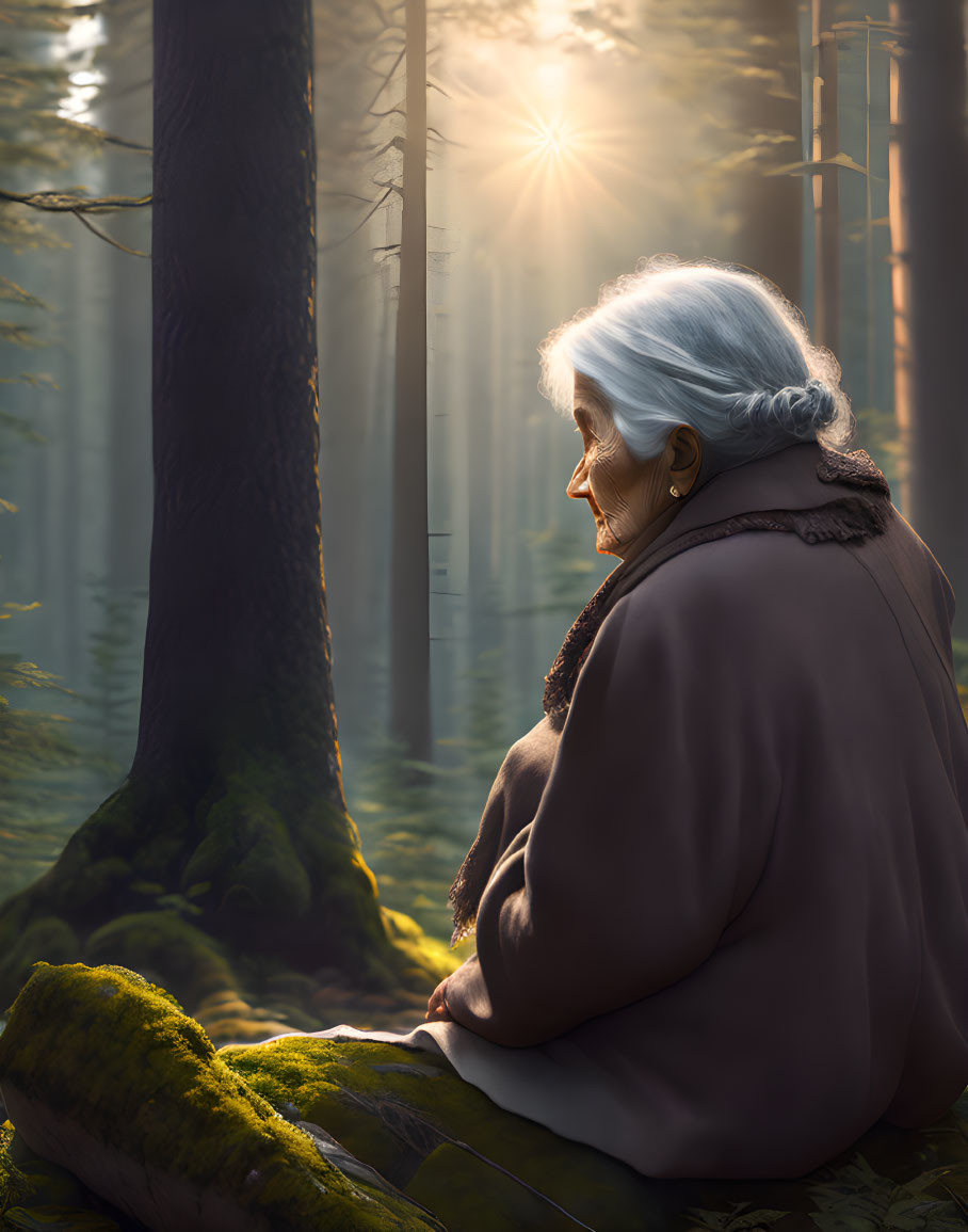 Elderly Woman in Brown Cloak Sitting by Tree in Sunlit Forest