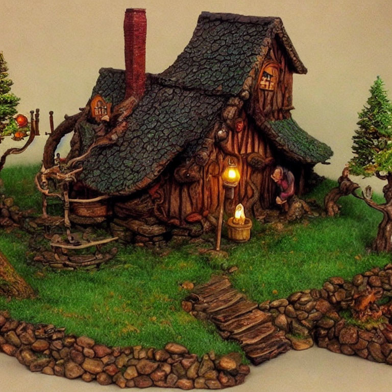 Miniature fantasy cottage with textured roof, lit lantern, wishing well, and cobblestone path in