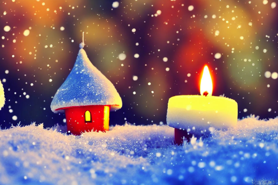 Miniature red house and candle in snowy scene with bokeh lights