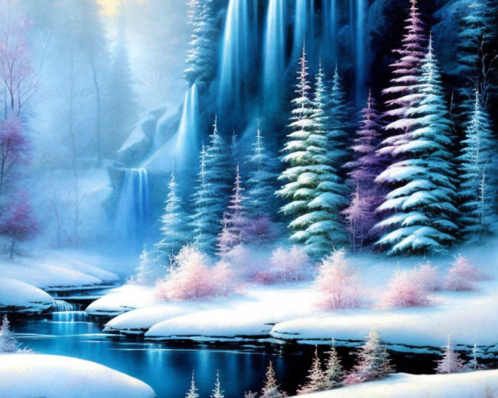 Snow-covered trees, frozen river, icy waterfall in serene winter landscape