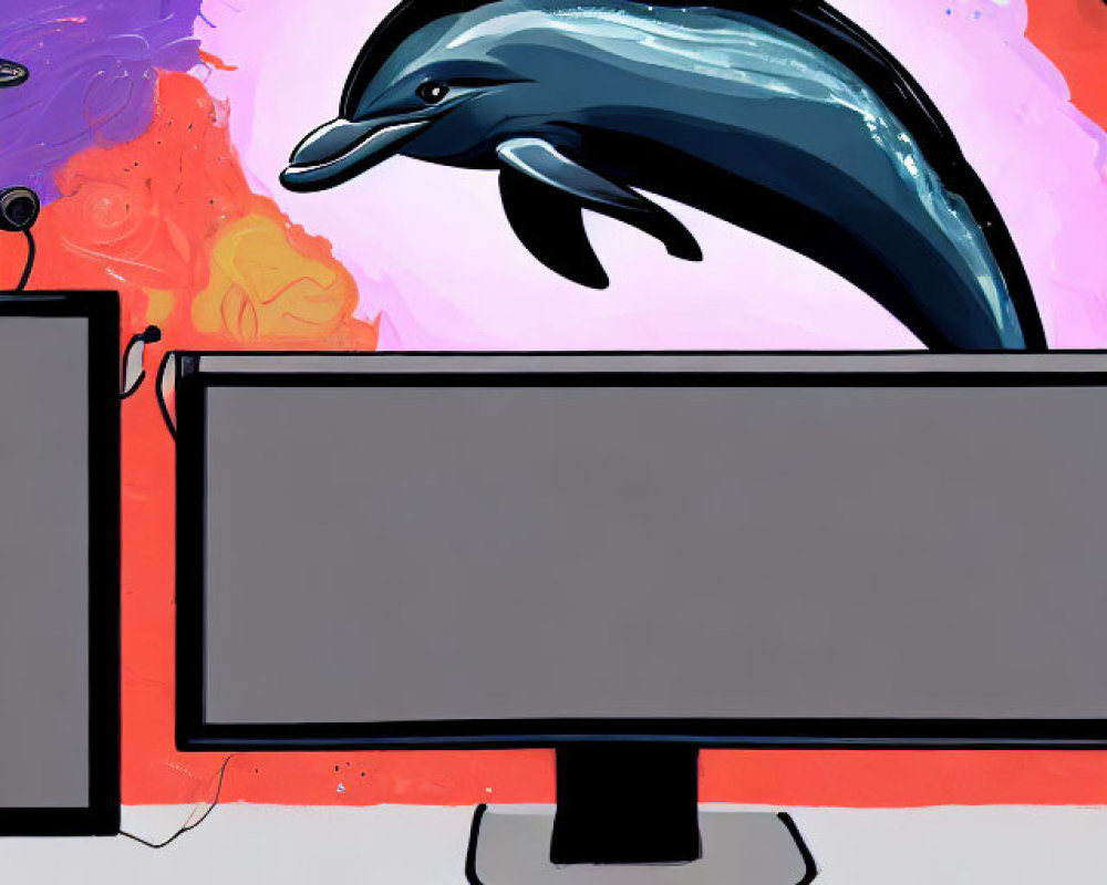 Colorful Dolphin Leaping Over Dual Monitor Setup with Keyboard and Mouse