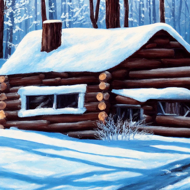 Snow-covered log cabin in serene winter forest scene