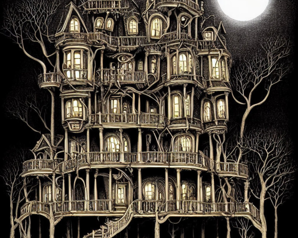 Gothic Victorian house at night with full moon and barren trees