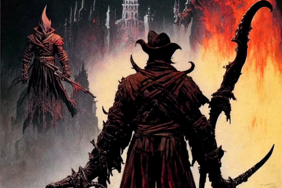 Dark medieval figures in front of fiery backdrop with castle silhouette