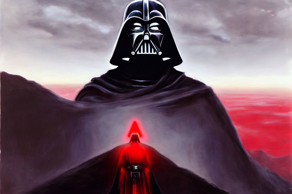 Cloaked Figures with Helmets and Lightsaber in Red Sky