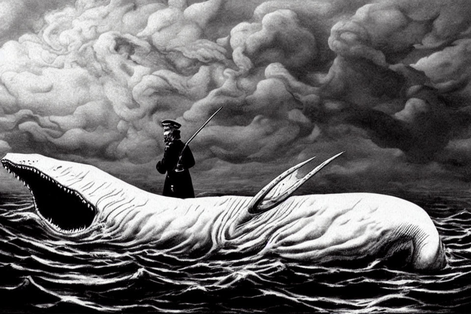 Person standing on giant white whale in tumultuous sea with harpoon, dark swirling clouds.