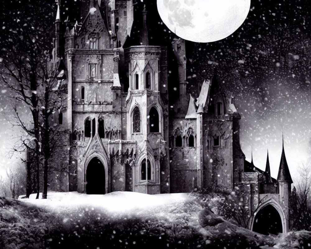 Gothic castle at night with full moon and falling snow