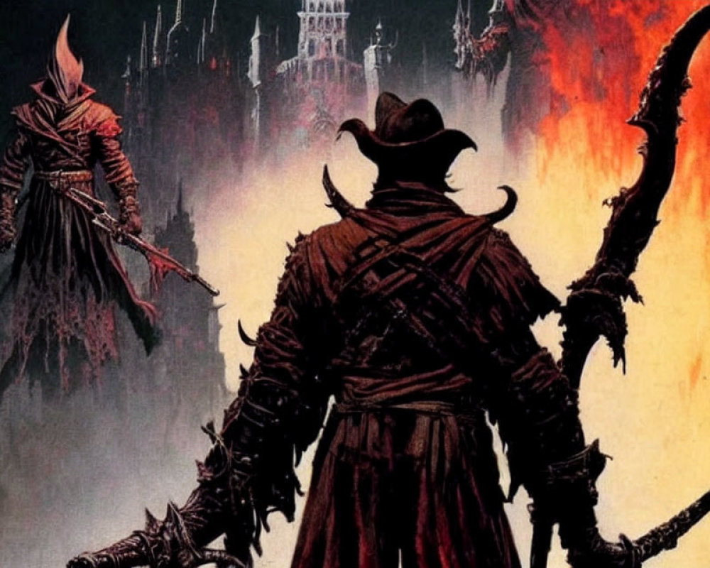 Dark medieval figures in front of fiery backdrop with castle silhouette