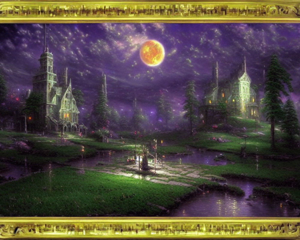 Fantastical moonlit night landscape with castles, river, greenery, and starry sky