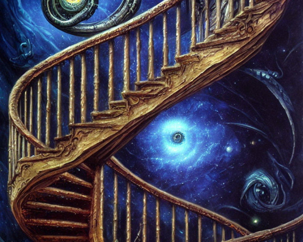 Surreal wooden spiral staircase with cosmic elements