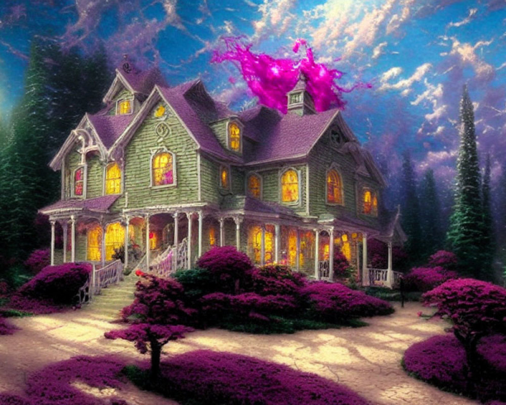Victorian-style house with illuminated windows in twilight garden under starry sky.