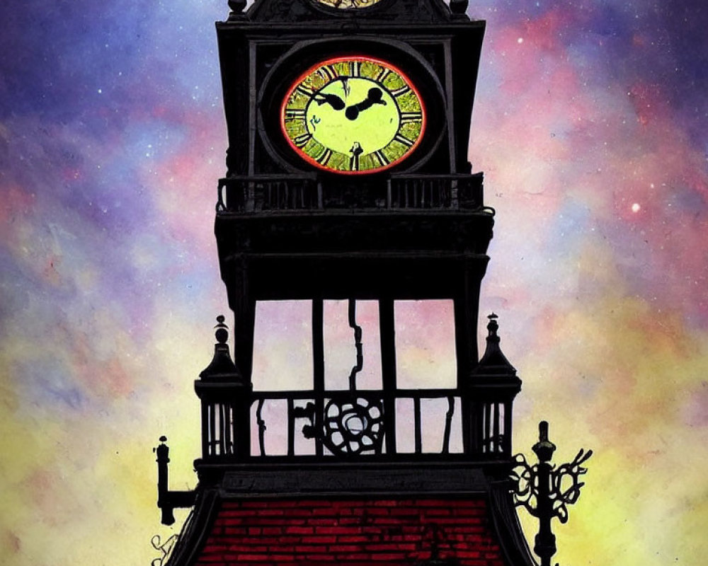 Silhouetted clock tower against vibrant star-filled night sky.
