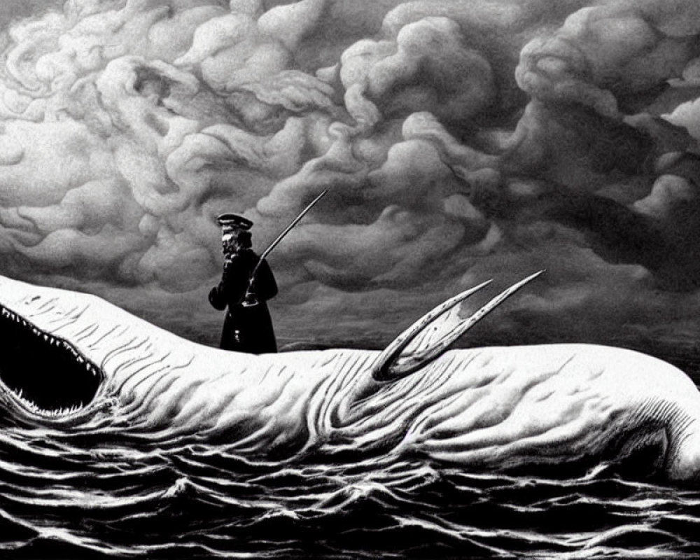 Person standing on giant white whale in tumultuous sea with harpoon, dark swirling clouds.