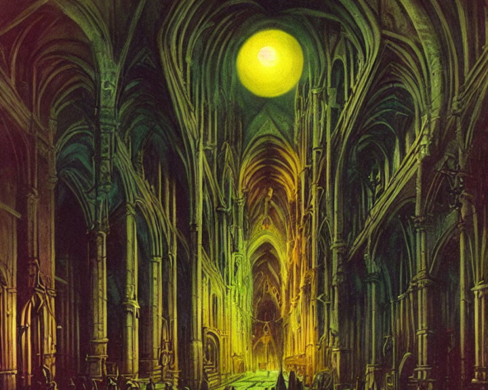 Gothic Cathedral Interior with Vaulted Ceilings and Glowing Orb