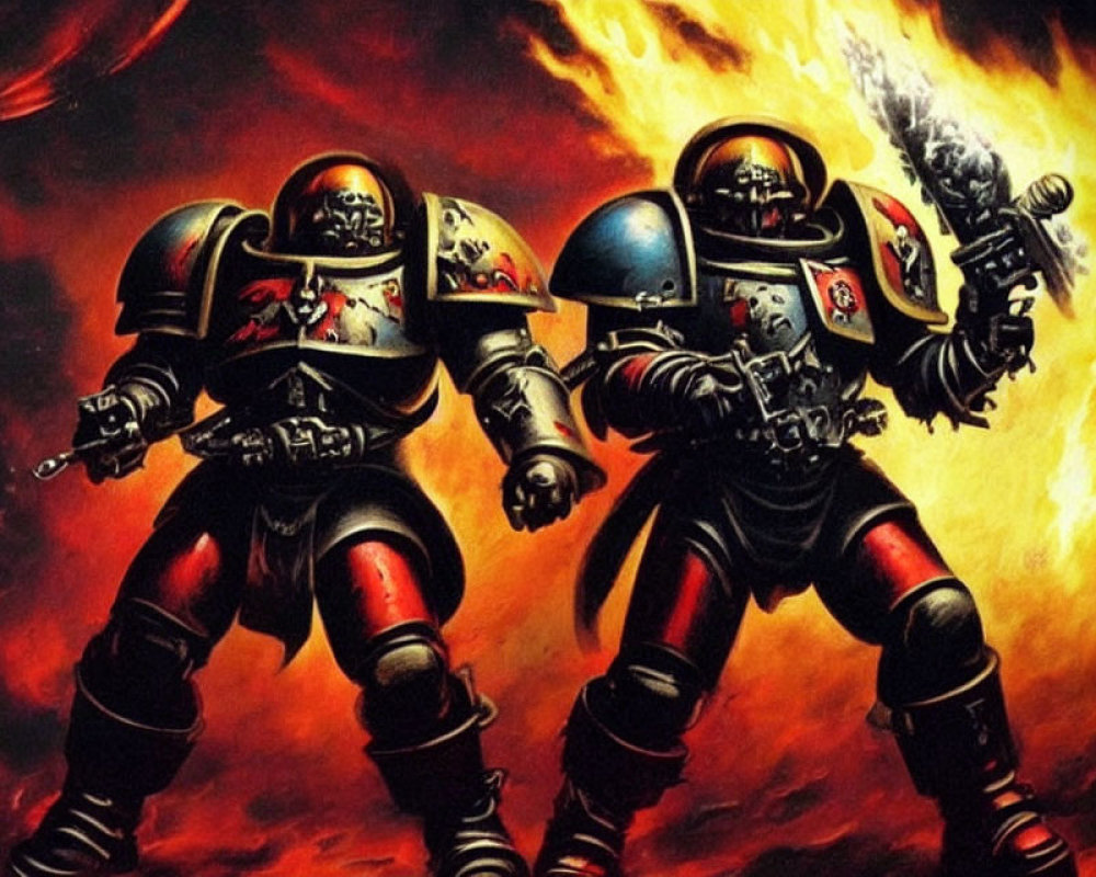 Futuristic armored soldiers with weapons in fiery backdrop