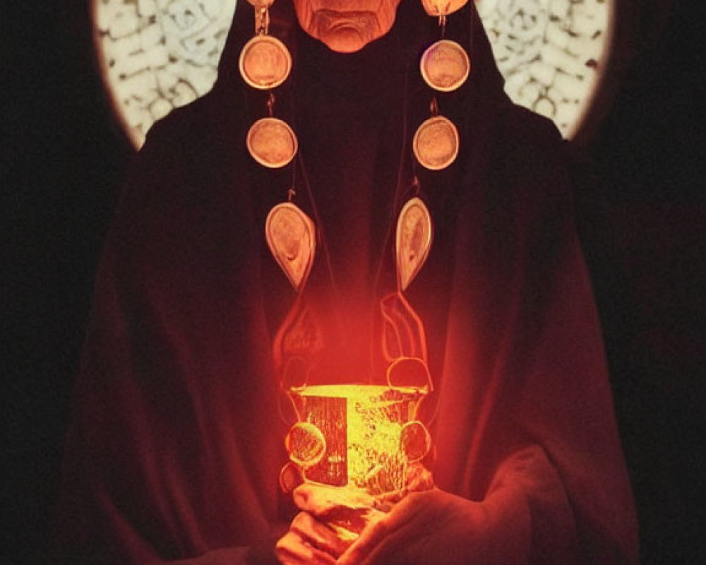 Elderly person in dark robes holding a lit ornate box with mystical glow