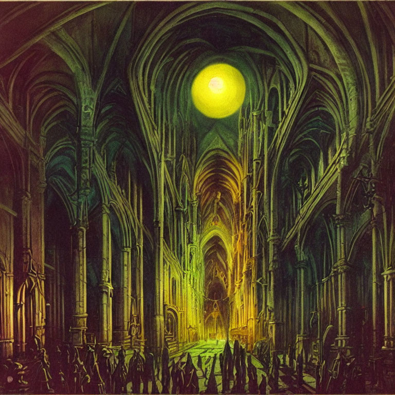 Gothic Cathedral Interior with Vaulted Ceilings and Glowing Orb