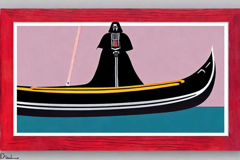Stylized painting: Darth Vader-like character rowing gondola with lightsaber paddle
