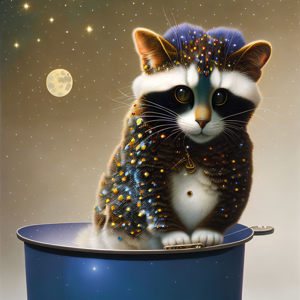 Whimsical cat digital art with sparkling fur and starry sky elements