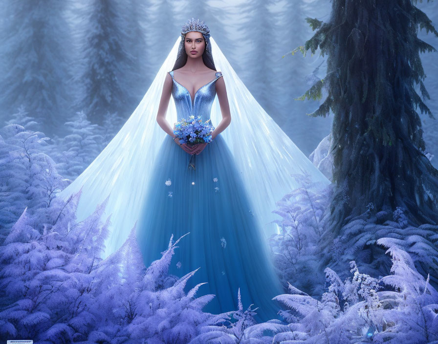 Woman in Blue Gown with Diadem in Snowy Forest Holding Blue Flowers
