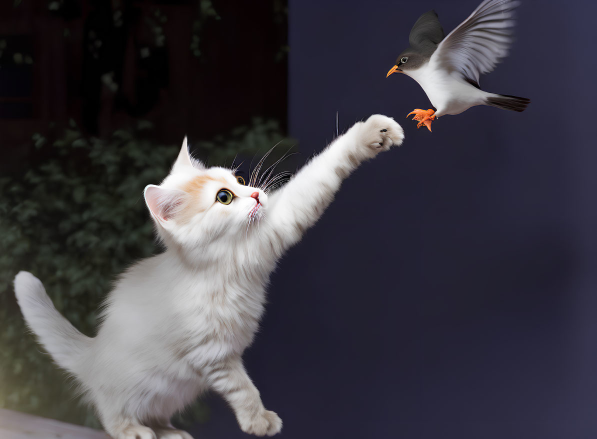 Fluffy White Kitten Reaching for Flying Bird in Blurred Background