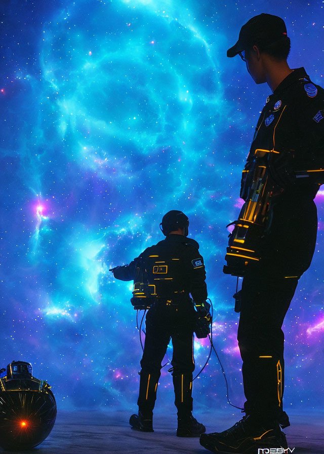 Futuristic police figures in cosmic setting