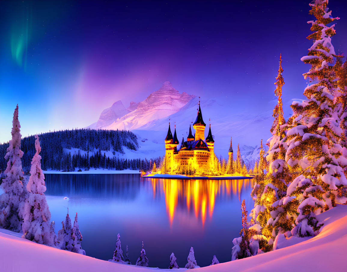 Snow-covered castle by frozen lake with Northern Lights and mountains.