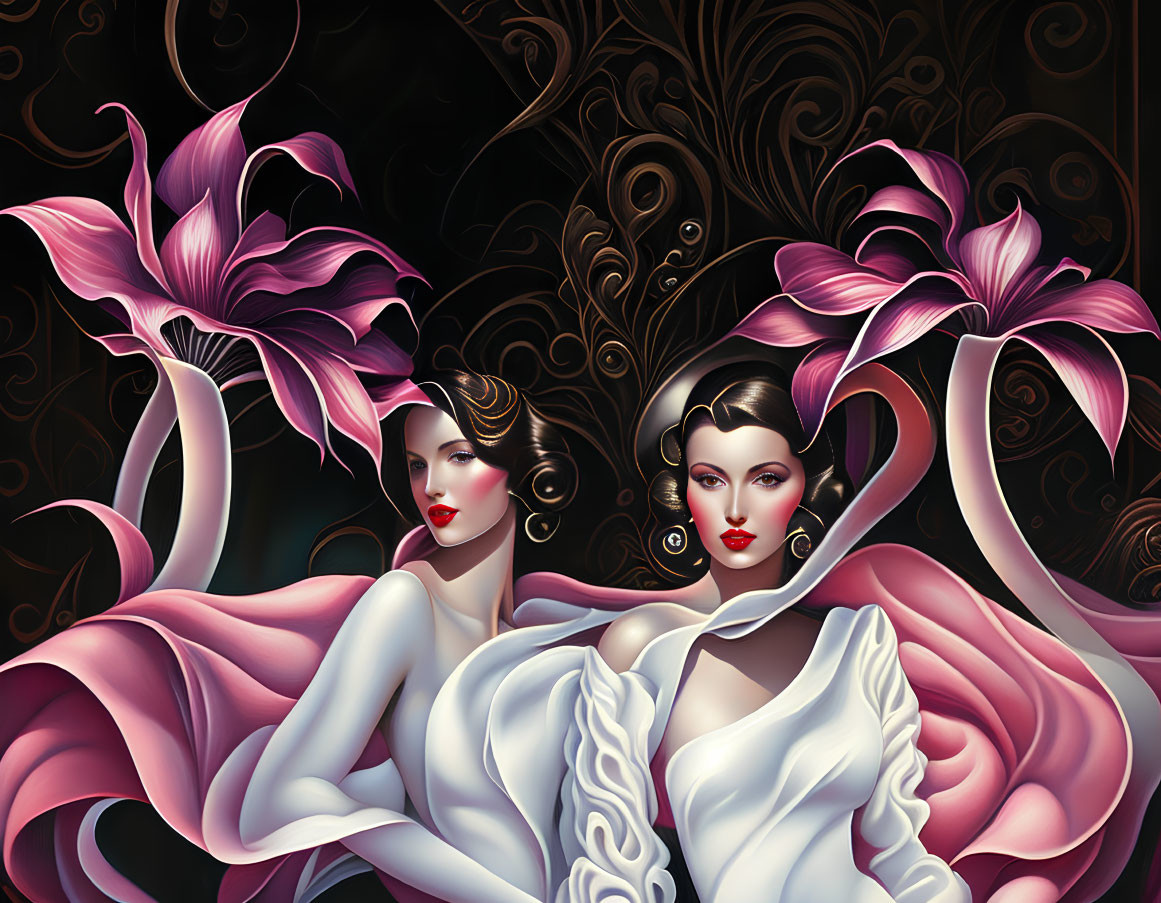 Stylized women with pale skin and dark hair among pink lilies and golden patterns